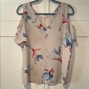 C & E Floral Tan and Blue Ruffled Cold Shoulder V Neck Blouse